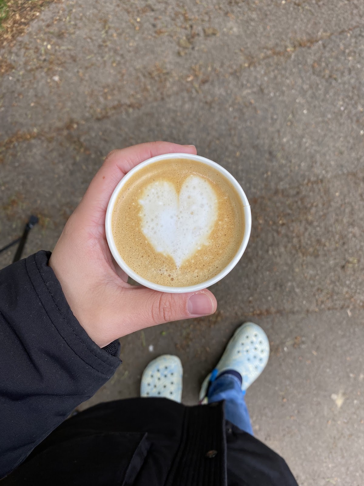A cappuccino with heart latte art held from above