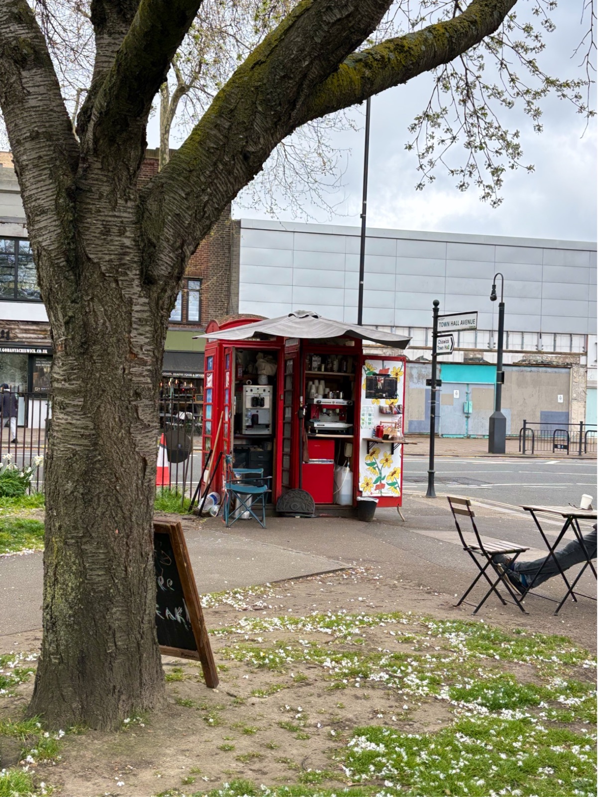 The red telephone-box coffee kiosk seen across the grass, framed by a large tree with pavement seating nearby